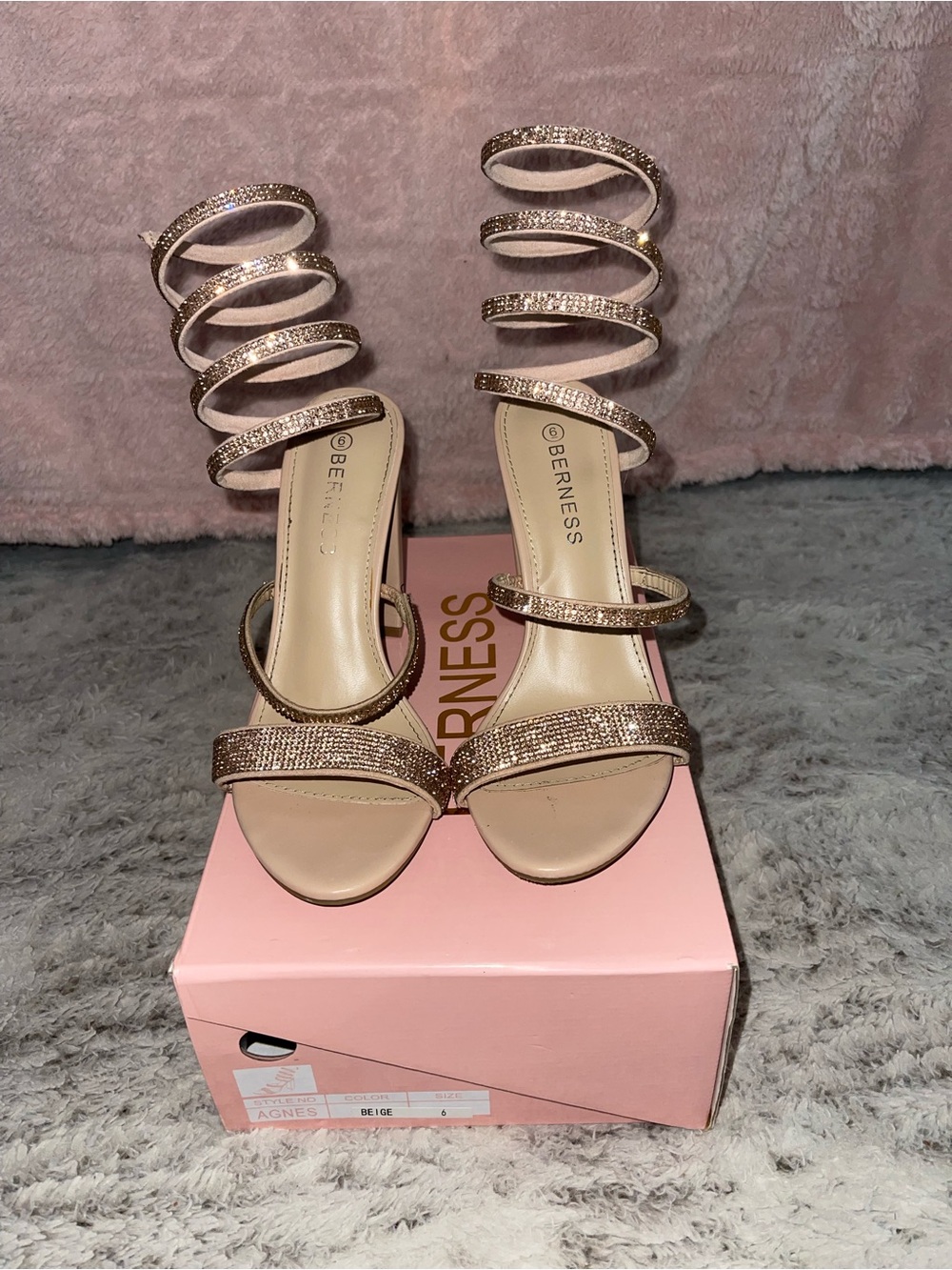 Bernes Beige Rhinestone Spiral Strap Heels